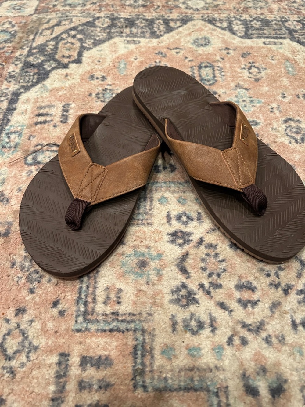 Flojos Mens  Brown Leather-Trim Flip Flops
